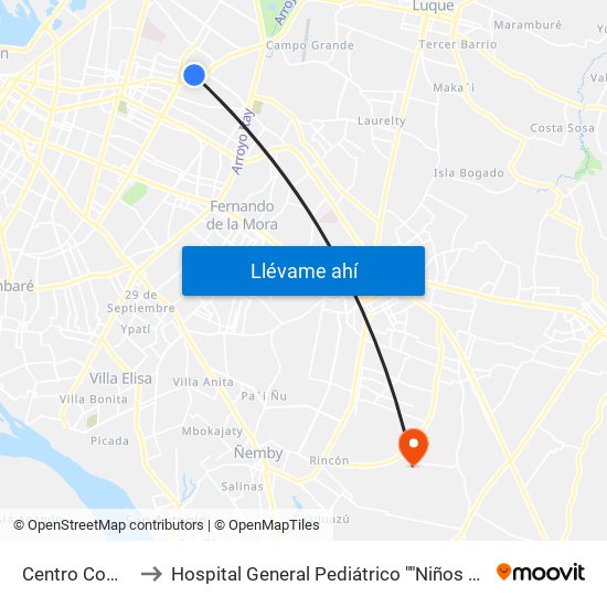 Centro Comercial to Hospital General Pediátrico ""Niños De Acosta Ñu"" map