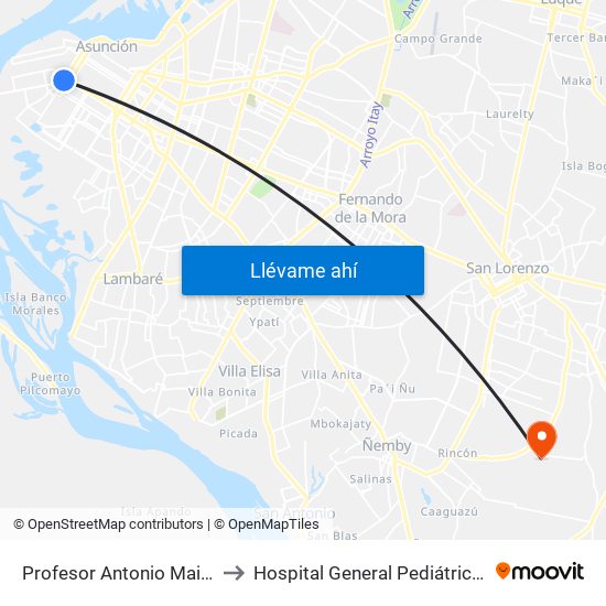 Profesor Antonio Maidana Campos, 1045 to Hospital General Pediátrico ""Niños De Acosta Ñu"" map