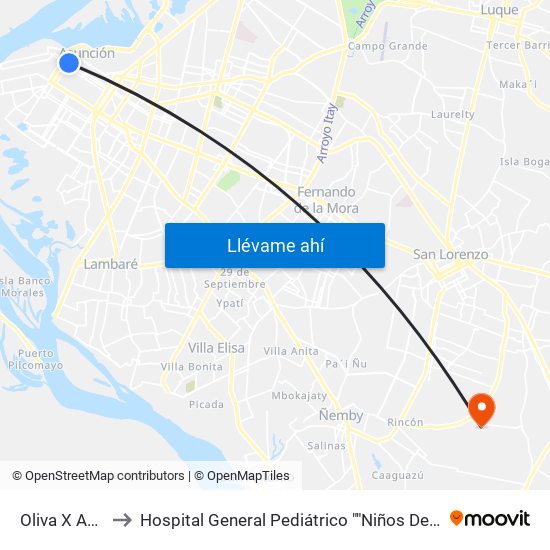 Oliva X Ayolas to Hospital General Pediátrico ""Niños De Acosta Ñu"" map