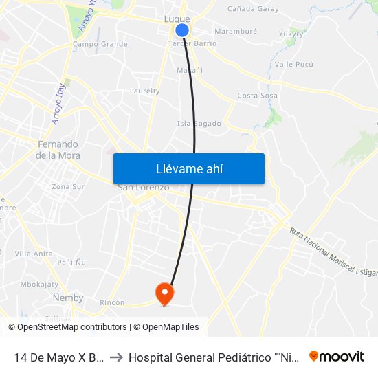 14 De Mayo X Balderrama to Hospital General Pediátrico ""Niños De Acosta Ñu"" map