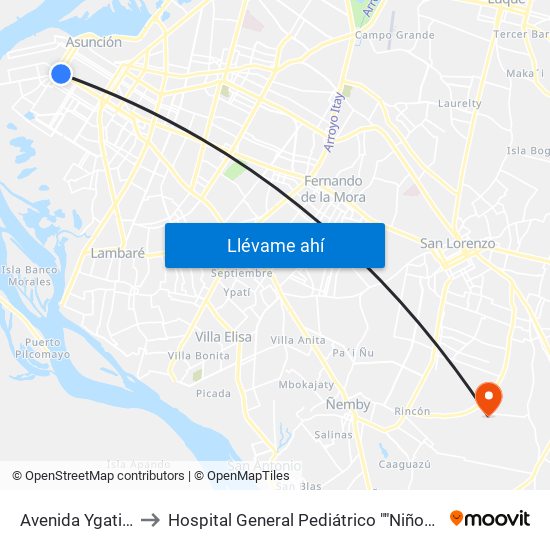 Avenida Ygatimi, 880 to Hospital General Pediátrico ""Niños De Acosta Ñu"" map