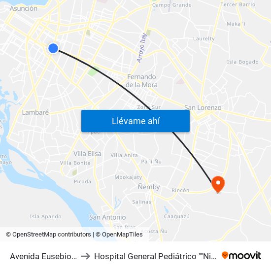 Avenida Eusebio Ayala, 995 to Hospital General Pediátrico ""Niños De Acosta Ñu"" map