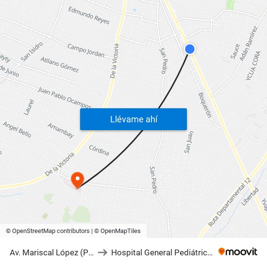 Av. Mariscal López (Parada Km. 17 (1/2)) to Hospital General Pediátrico ""Niños De Acosta Ñu"" map
