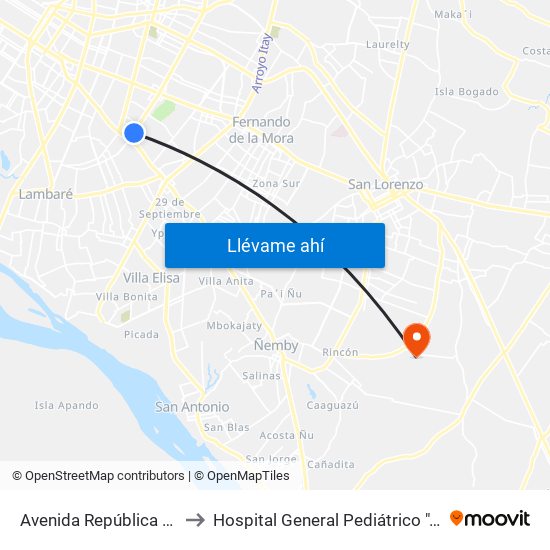 Avenida República Argentina, 3016 to Hospital General Pediátrico ""Niños De Acosta Ñu"" map