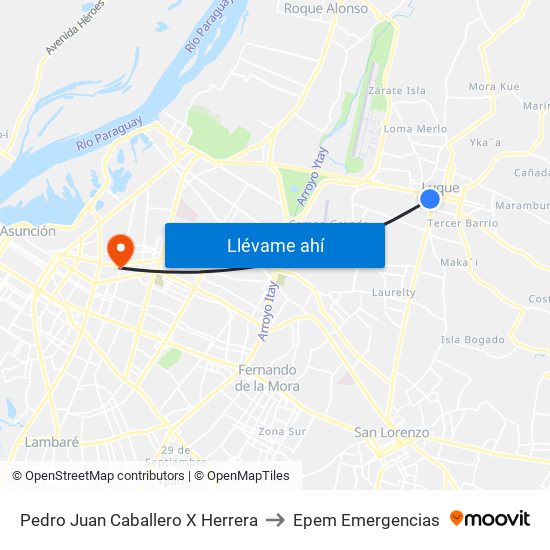 Pedro Juan Caballero X Herrera to Epem Emergencias map