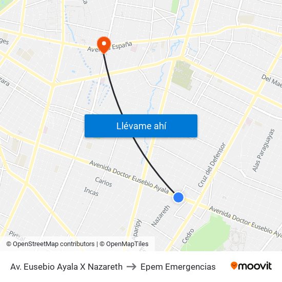 Av. Eusebio Ayala X Nazareth to Epem Emergencias map