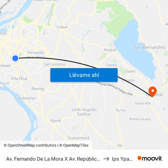 Av. Fernando De La Mora X Av. República Argentina to Ips Ypacarai map