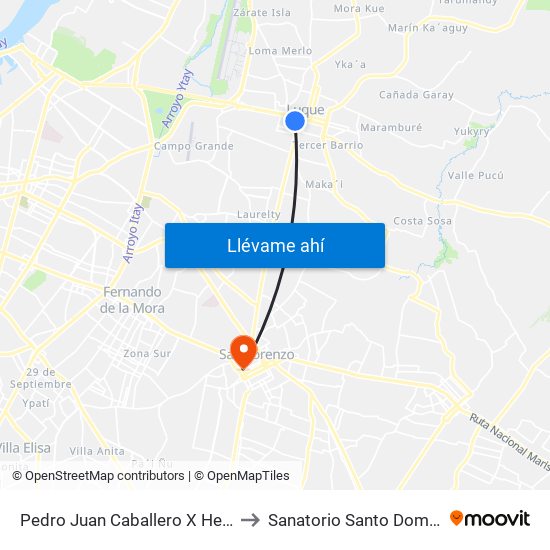 Pedro Juan Caballero X Herrera to Sanatorio Santo Domingo map
