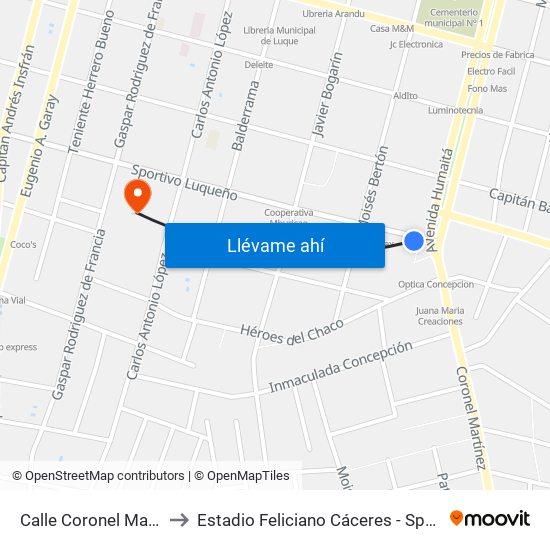 Calle Coronel Martínez, 97 to Estadio Feliciano Cáceres - Sportivo Luqueño map