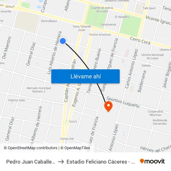 Pedro Juan Caballero X Herrera to Estadio Feliciano Cáceres - Sportivo Luqueño map