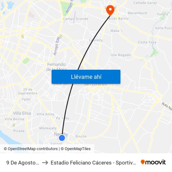 9 De Agosto, 345 to Estadio Feliciano Cáceres - Sportivo Luqueño map