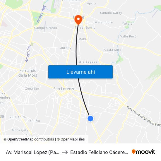 Av. Mariscal López (Parada Km. 17 (1/2)) to Estadio Feliciano Cáceres - Sportivo Luqueño map