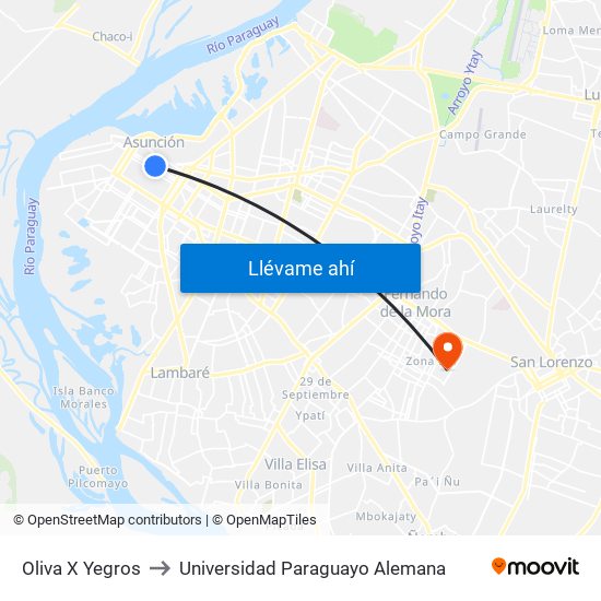 Oliva X Yegros to Universidad Paraguayo Alemana map