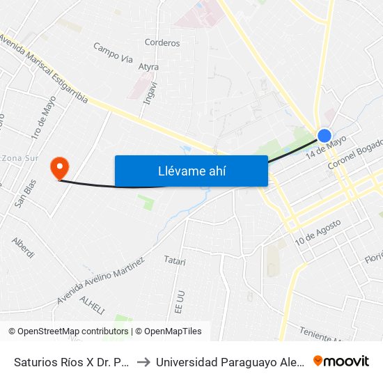 Saturios Ríos X Dr. Pellón to Universidad Paraguayo Alemana map