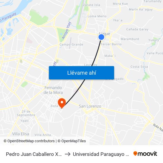 Pedro Juan Caballero X Herrera to Universidad Paraguayo Alemana map