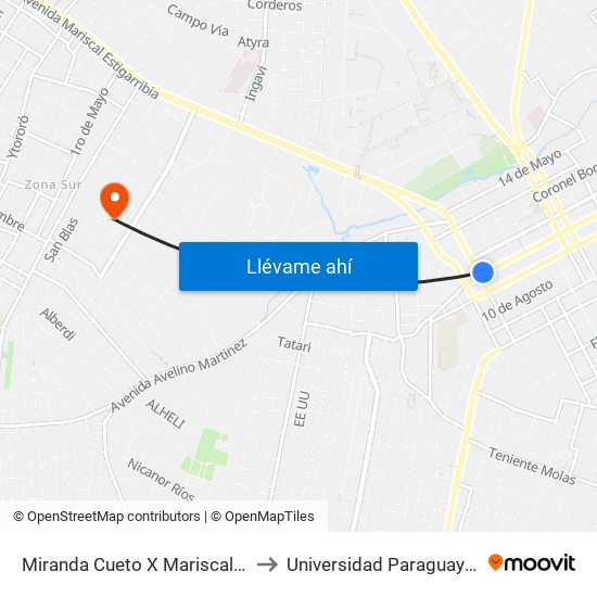 Miranda Cueto X Mariscal Estigarribia to Universidad Paraguayo Alemana map