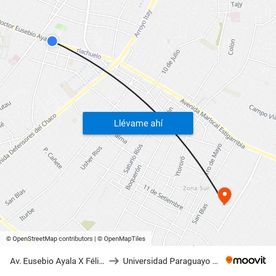 Av. Eusebio Ayala X Félix Lopéz to Universidad Paraguayo Alemana map