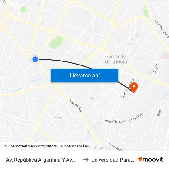 Av. República Argentina Y Av. Dr. Fernando De La Mora to Universidad Paraguayo Alemana map