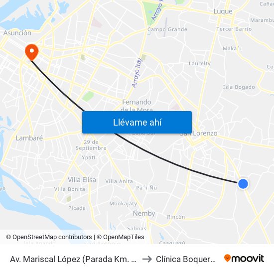 Av. Mariscal López (Parada Km. 17 (1/2)) to Clínica Boquerón Ips map