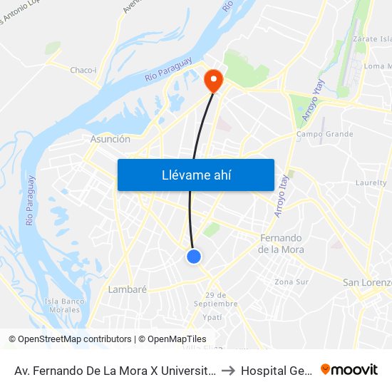 Av. Fernando De La Mora X Universitarios Del Chaco to Hospital Geriátrico map