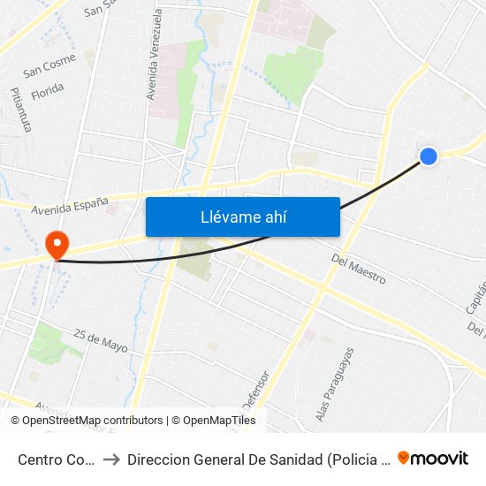 Centro Comercial to Direccion General De Sanidad (Policia Nacional - Paraguay) map