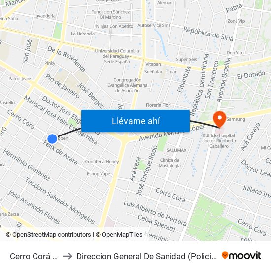 Cerro Corá X Aquino to Direccion General De Sanidad (Policia Nacional - Paraguay) map