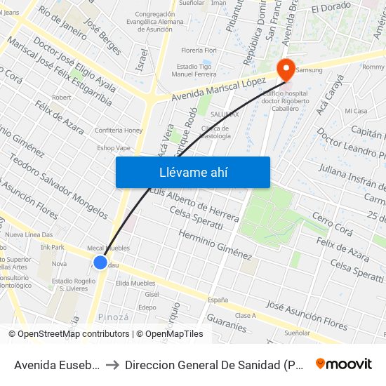 Avenida Eusebio Ayala, 803 to Direccion General De Sanidad (Policia Nacional - Paraguay) map