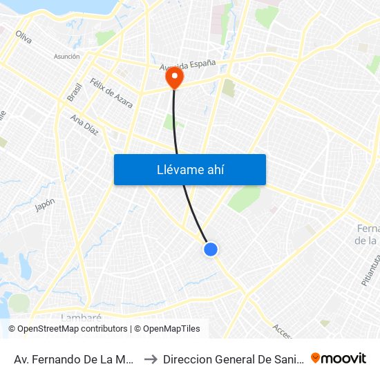 Av. Fernando De La Mora X Universitarios Del Chaco to Direccion General De Sanidad (Policia Nacional - Paraguay) map