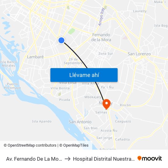 Av. Fernando De La Mora X Av. Argentina to Hospital Distrital Nuestra Señora De Lourdes map
