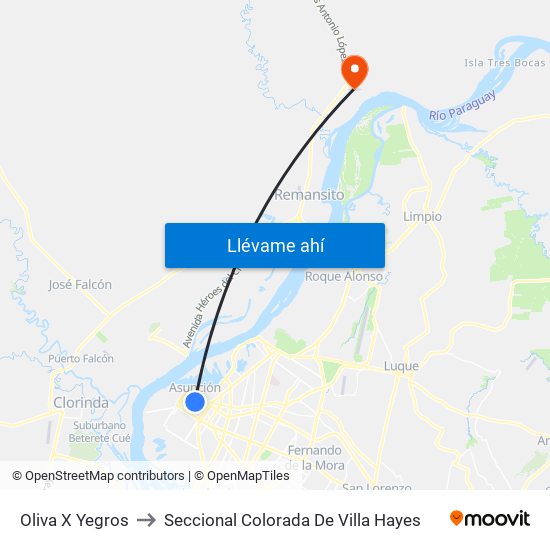 Oliva X Yegros to Seccional Colorada De Villa Hayes map