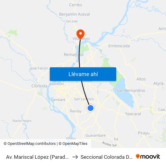 Av. Mariscal López (Parada Km. 17 (1/2)) to Seccional Colorada De Villa Hayes map