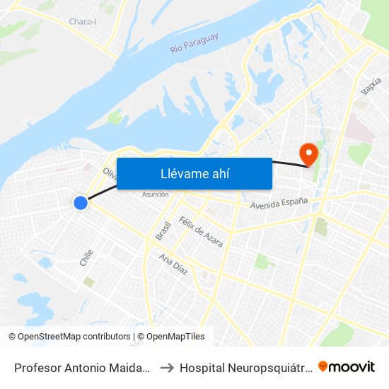 Profesor Antonio Maidana Campos, 1045 to Hospital Neuropsquiátrico De Asunción map