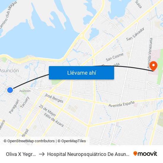 Oliva X Yegros to Hospital Neuropsquiátrico De Asunción map