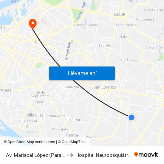 Av. Mariscal López (Parada Km. 17 (1/2)) to Hospital Neuropsquiátrico De Asunción map