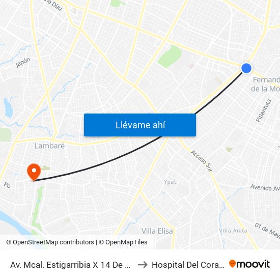 Av. Mcal. Estigarribia X 14 De Mayo to Hospital Del Corazón map