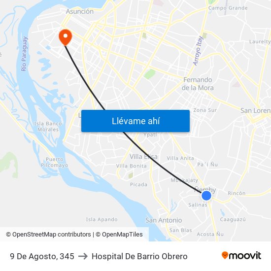 9 De Agosto, 345 to Hospital De Barrio Obrero map