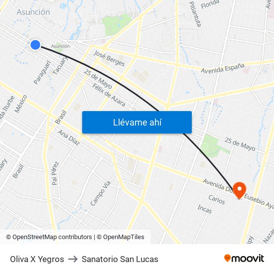 Oliva X Yegros to Sanatorio San Lucas map