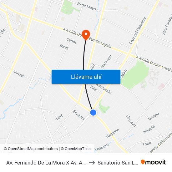 Av. Fernando De La Mora X Av. Argentina to Sanatorio San Lucas map