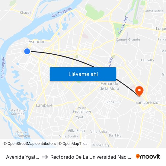 Avenida Ygatimi, 880 to Rectorado De La Universidad Nacional De Asunción map