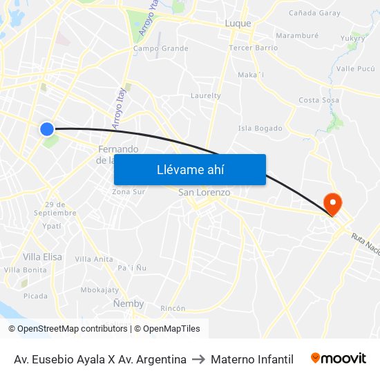 Av. Eusebio Ayala X Av. Argentina to Materno Infantil map