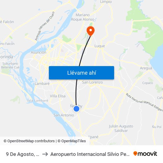 9 De Agosto, 345 to Aeropuerto Internacional Silvio Pettirossi map