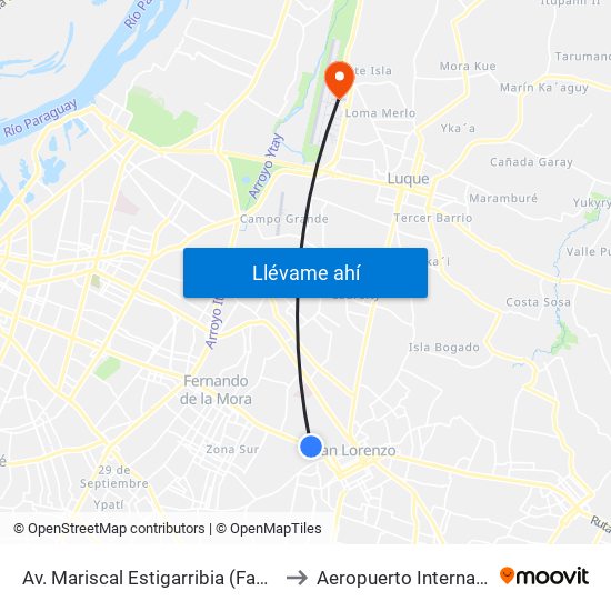 Av. Mariscal Estigarribia (Facultad De Ciencias Económicas) to Aeropuerto Internacional Silvio Pettirossi map