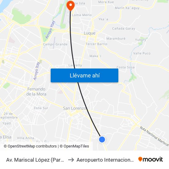 Av. Mariscal López (Parada Km. 17 (1/2)) to Aeropuerto Internacional Silvio Pettirossi map