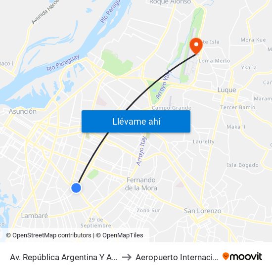 Av. República Argentina Y Av. Dr. Fernando De La Mora to Aeropuerto Internacional Silvio Pettirossi map