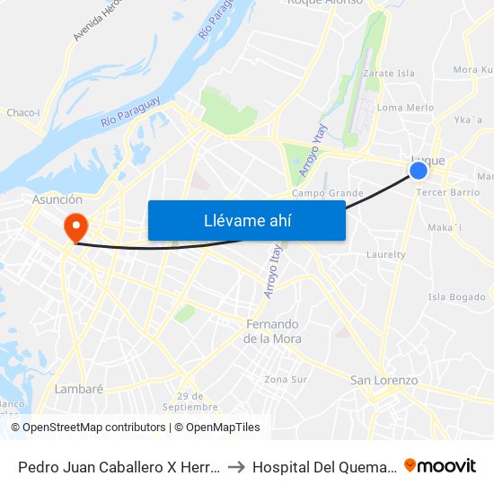 Pedro Juan Caballero X Herrera to Hospital Del Quemado map
