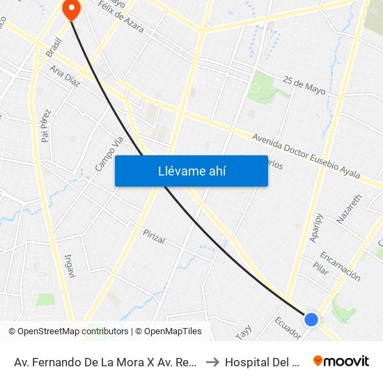 Av. Fernando De La Mora X Av. República Argentina to Hospital Del Quemado map