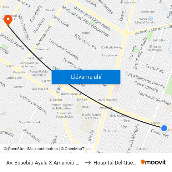 Av. Eusebio Ayala X Amancio González to Hospital Del Quemado map