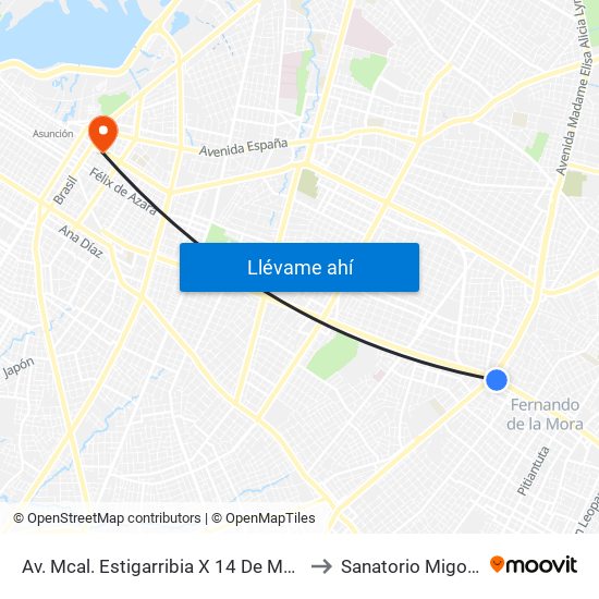 Av. Mcal. Estigarribia X 14 De Mayo to Sanatorio Migone map
