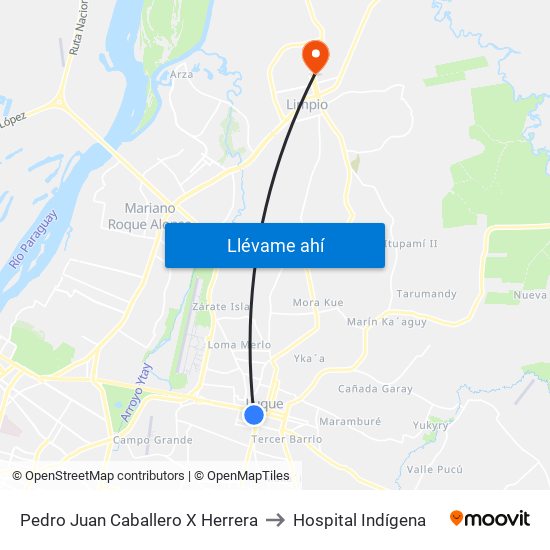 Pedro Juan Caballero X Herrera to Hospital Indígena map