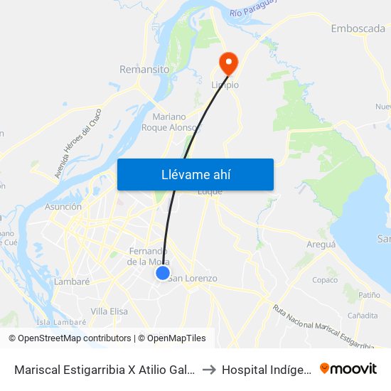 Mariscal Estigarribia X Atilio Galfre to Hospital Indígena map